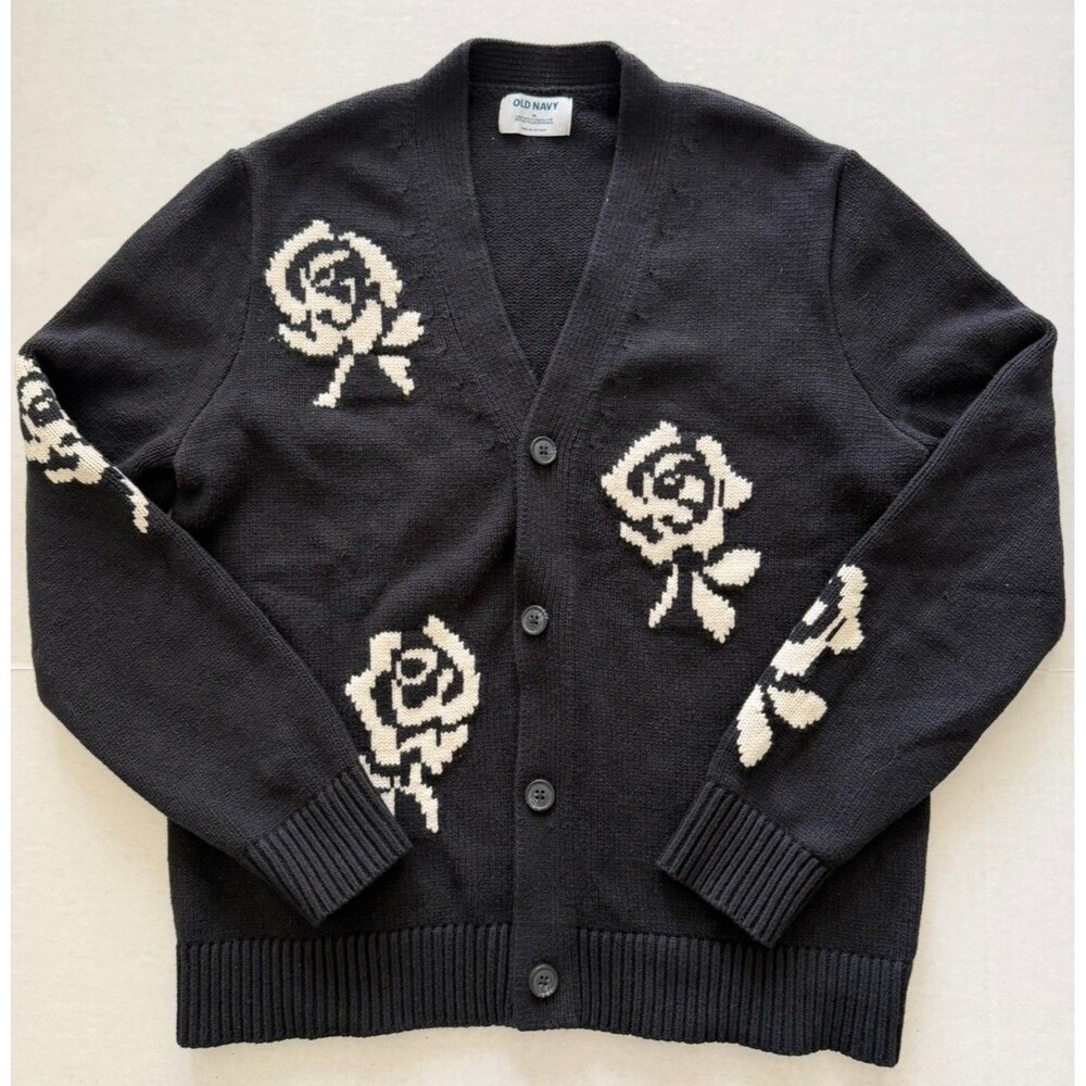 Old Navy Women’s Rose Icon Cardigan Intarsia Sweater M Black White Cotton Blend